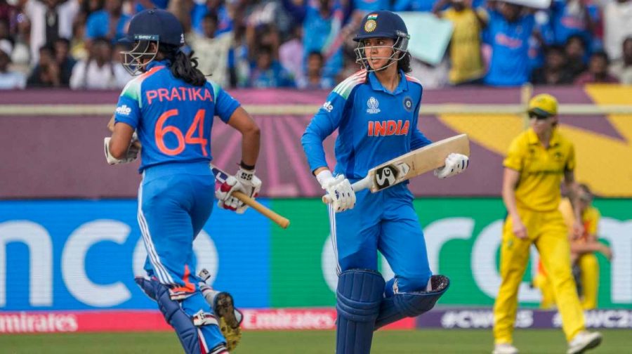 Visakhapatnam: India's Pratika Rawal and Smriti Mandhana run between the wickets during the ICC Women's World Cup ODI cricket match between India Women and Australia Women, at the ACA-VDCA International Cricket Stadium, in Visakhapatnam, Sunday, Oct. 12, 2025. (PTI Photo/R Senthilkumar)(PTI10_12_2025_000394B)
