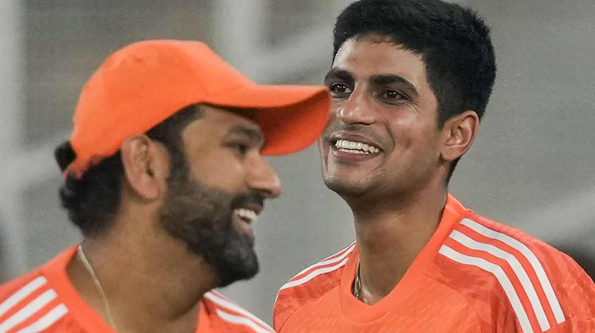 Ahmedabad: India s captain Rohit Sharma with teammate Shubman Gill during a practice session ahead of the ICC Men's Cricket World Cup 2023 match between India and Pakistan, at Narendra Modi Stadium, in Ahmedabad, Friday, Oct. 13, 2023. (PTI Photo/Manvender Vashist Lav) (PTI10_13_2023_000346A)