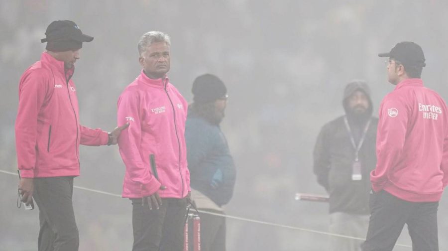 Lucknow: Umpires ahead of the fourth T20 International cricket match of a series between India and South Africa, at Ekana Cricket Stadium in Lucknow, Wednesday, Dec. 17, 2025. The match was called off due to poor visibility caused by dense layer of smog. (PTI Photo/Ravi Choudhary)(PTI12_17_2025_000648B)