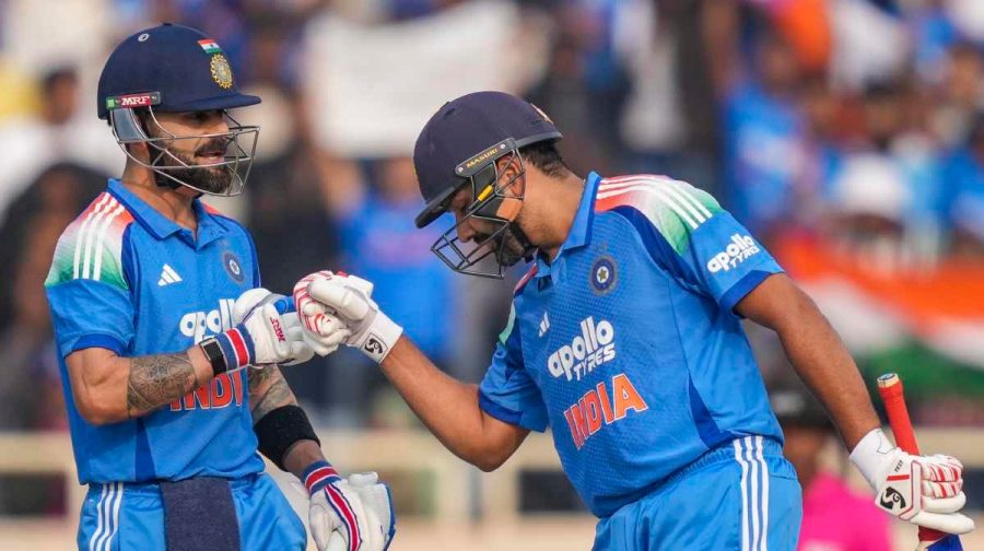 Ranchi: India's Virat Kohli, left, celebrates his half century with Rohit Sharma during the first ODI cricket match of a series between India and South Africa, at JSCA International Stadium Complex, in Ranchi, Jharkhand, Sunday, Nov. 30, 2025. (PTI Photo/Kamal Kishore) (PTI11_30_2025_000241B)
