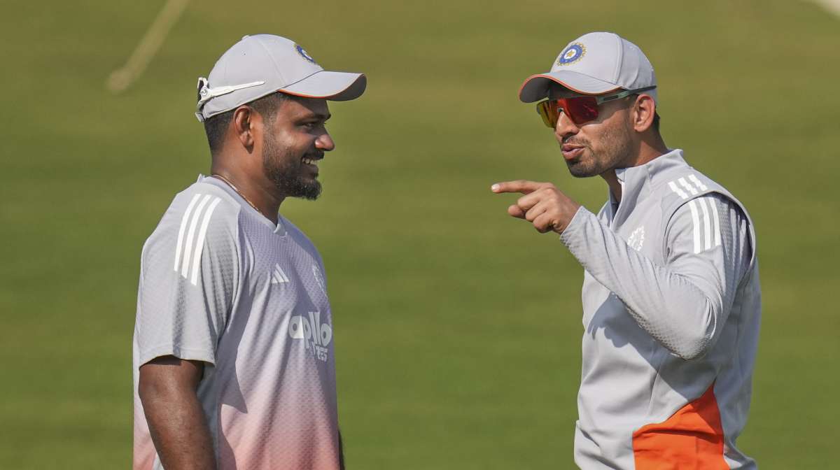 Cuttack: India's Sanju Samson, left, with Jitesh Sharma during a practice session on the eve of the first T20 cricket match of a series between India and South Africa, at Barabati Stadium, in Cuttack, Odisha, Monday, Dec. 8, 2025. (PTI Photo/Shailendra Bhojak)(PTI12_08_2025_000433A)