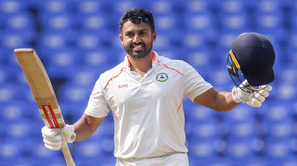 Nagpur: Vidarbha's batter Karun Nair celebrates his century during the fourth day of the Ranji Trophy 2024-25 final cricket match between Kerala and Vidarbha, at Vidarbha Cricket Association (VCA) Stadium, in Nagpur, Saturday, March 1, 2025. (PTI Photo)
(PTI03_01_2025_000227B)