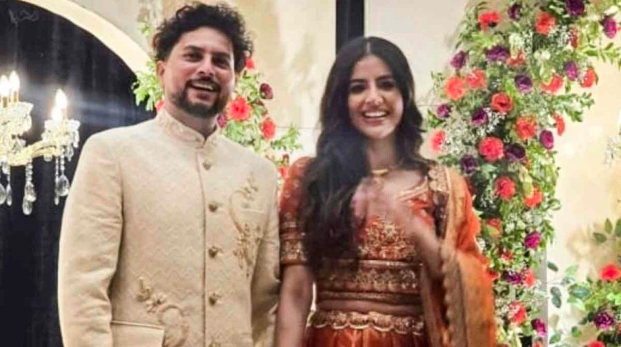 Lucknow: Cricketer Kuldeep Yadav and his fiance Vanshika during their engagement function, in Lucknow, Wednesday, June 4, 2025. (PTI PHoto)(PTI06_04_2025_000605A)