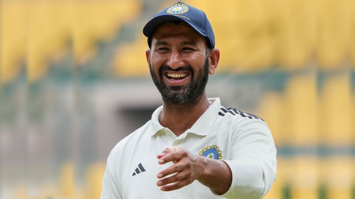Bengaluru: West Zone player Cheteshwar Pujara at a break time during the third day of the Duleep Trophy final cricket match between South Zone and West Zone, at M. Chinnaswamy Stadium in Bengaluru, Friday, July 14, 2023. (PTI Photo/Shailendra Bhojak)(PTI07_14_2023_000372A)