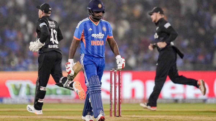 India's Sanju Samson walks off the field after his dismissal during the second T20I cricket match between India and New Zealand, at Shaheed Veer Narayan Singh International Cricket Stadium, in Raipur, Chhattisgarh, Friday, Jan. 23, 2026. (PTI Photo/Karma Bhutia)