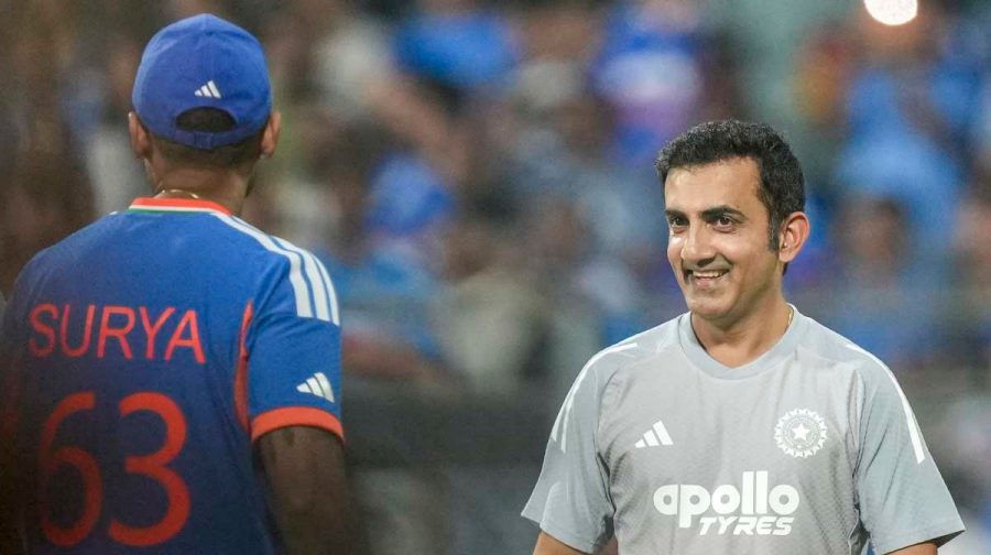 Mumbai: India's head coach Gautam Gambhir with captain Suryakumar Yadav before the start of the ICC Men's T20 World Cup 2026 cricket match between India and USA, at the Wankhede Stadium, in Mumbai, Saturday, Feb. 7, 2026. (PTI Photo/Kunal Patil)(PTI02_07_2026_000480B)