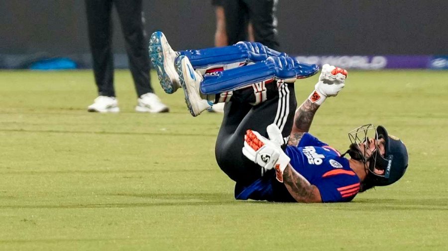 New Delhi: India's Ishan Kishan, front, grimaces in pain after getting injured during a practice session ahead of an ICC Men's T20 World Cup 2026 cricket match between India and Namibia, at the Arun Jaitley Stadium, in New Delhi, Wednesday, Feb. 11, 2026. (PTI Photo/Salman Ali) (PTI02_11_2026_000492B)