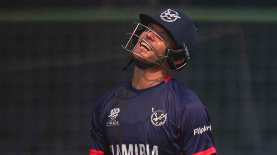 New Delhi: Namibia's captain Gerhard Erasmus reacts after losing his wicket during the ICC Men's T20 World Cup 2026 cricket match between Namibia and Netherlands, at Arun Jaitley Stadium, in New Delhi, Tuesday, Feb. 10, 2026. (PTI Photo/Karma Bhutia)(PTI02_10_2026_000044A)