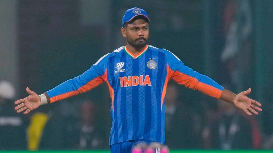 New Delhi: India's Sanju Samson reacts during an ICC Men's T20 World Cup 2026 cricket match between India and Namibia, at the Arun Jaitley Stadium, in New Delhi, Thursday, Feb. 12, 2026. (PTI Photo/Shahbaz Khan) (PTI02_12_2026_000783A)