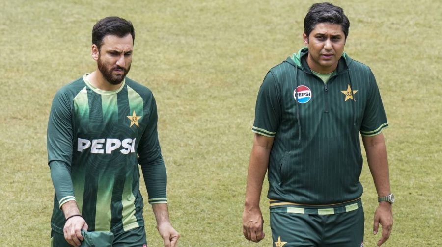 Pakistan's captain Salman Ali Agha, left, with Pakistan cricket team media manager Naeem Gillani, PTI