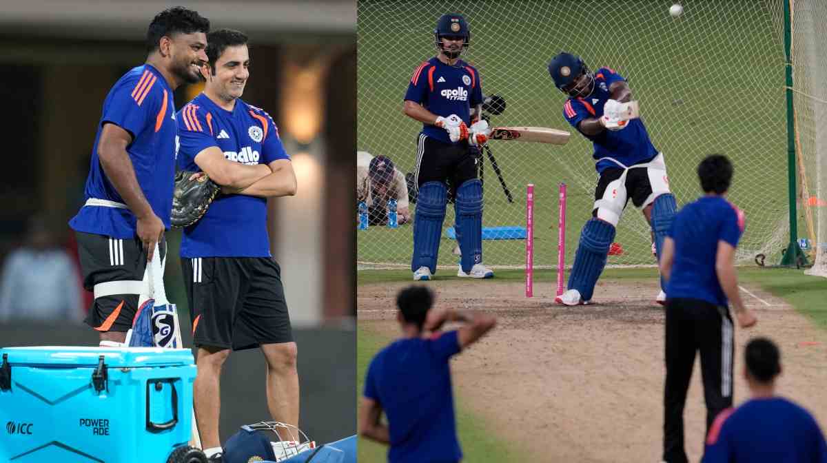 India's Sanju Samson, centre, during a practice session ahead of the ICC Men's T20 World Cup 2026 cricket match between India and Zimbabwe, at M. A. Chidambaram Stadium in Chennai, Tuesday, Feb. 24, 2026. (PTI Photo/R SenthilKumar) (PTI02_24_2026_000437B)