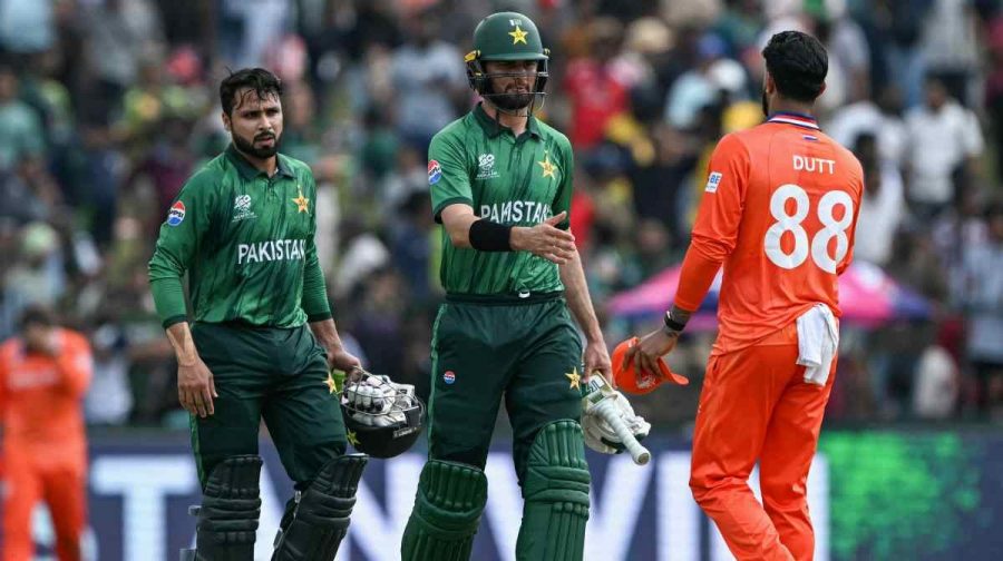 Pakistan's Shaheen Shah Afridi (C) and Faheem Ashraf (L) are congratulated by  Netherlands' Aryan Dutt for their team's win at the end of the 2026 ICC Men's T20 Cricket World Cup group stage match between Pakistan and Netherlands at the Sinhalese Sports Club (SSC) Ground in Colombo on February 7, 2026. (Photo by Ishara S. KODIKARA / AFP)