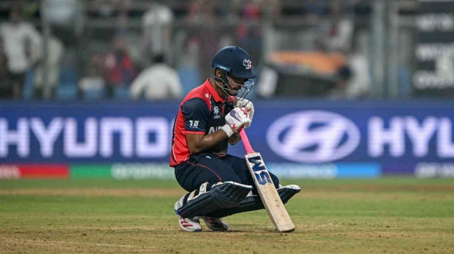 Nepal's Lokesh Bam reacts after his team's defeat at the end of the 2026 ICC Men's T20 Cricket World Cup group stage match between England and Nepal at the Wankhede Stadium in Mumbai on February 8, 2026. (Photo by Indranil MUKHERJEE / AFP)