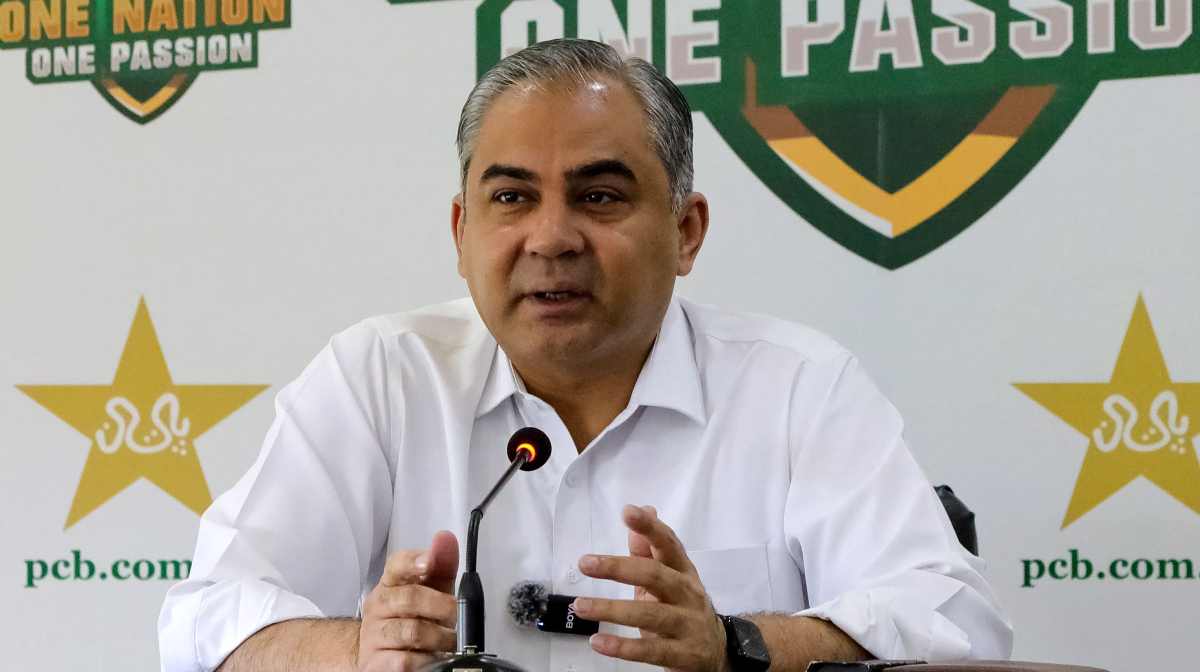 Pakistan Cricket Board chairman and the country's interior minister Mohsin Naqvi speaks during a press conference in Lahore on March 22, 2026. Pakistan's Twenty20 league will be held on schedule from March 26 but without crowds and only at two venues to save resources due to the Gulf crisis, the country's cricket chief announced on March 22. (Photo by AFP)
