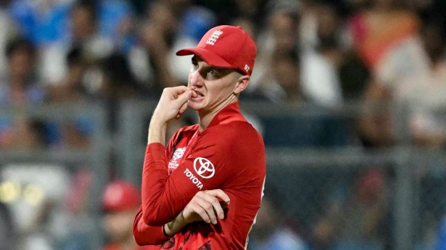 England's captain Harry Brook looks on during the 2026 ICC Men's T20 Cricket World Cup semi-final match between India and England at the Wankhede Stadium in Mumbai on March 5, 2026. (Photo by Indranil MUKHERJEE / AFP)