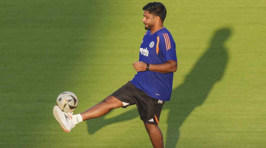 India's Sanju Samson during a training session on the eve of the ICC Men's T20 World Cup 2026 final cricket match between India and New Zealand, at the Narendra Modi Stadium in Ahmedabad, Gujarat, Saturday, March 7, 2026. (PTI Photo/Kunal Patil)(PTI03_07_2026_000351A)