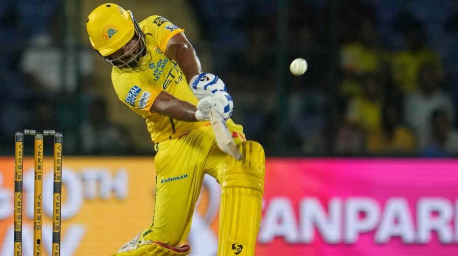 Chennai Super Kings' Sanju Samson plays a shot during the Indian Premier League cricket match between Chennai Super Kings and Delhi Capitals in New Delhi, India, Tuesday, May 5, 2026. (AP Photo/Manish Swarup)