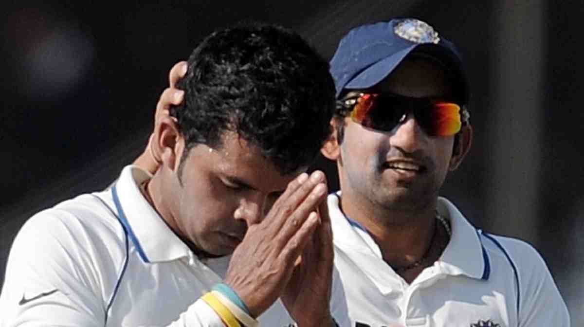 Indian cricketer Shanthakumaran Sreesanth (L) gestures after taking his fifth wicket against Sri Lanka on the third day of the second Test match at the Green Park Stadium in Kanpur on November 26, 2009 as teammate Gautam Gambhir (R) looks on.  Sri Lanka are currently 57 runs for the loss of four wickets in their second innings trailing by 356 runs at the end of third day's play.  AFP PHOTO/ MANAN VATSYAYANA