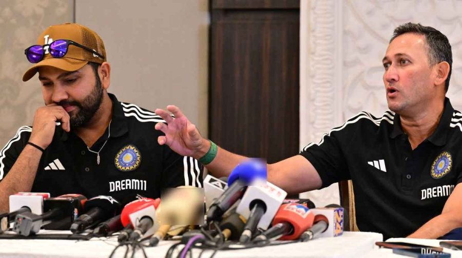 New Delhi 2023 August 21 : Indian cricket team captain Rohit Sharma and BCCI senior men\'s selection committee Chairman Ajit Agarkar during a press conference after the selection committee\'s meeting, in New Delhi. .@ Rahul R Pattom
