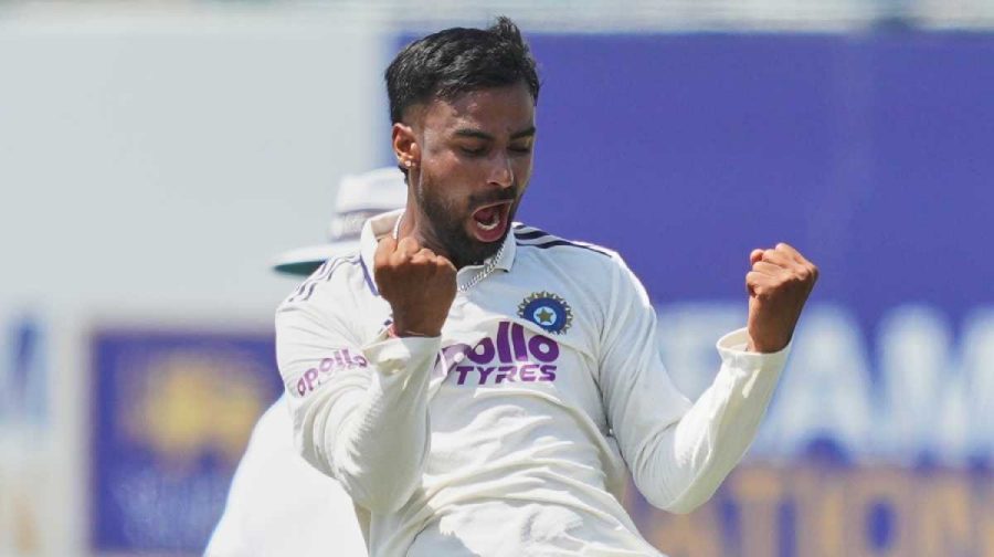 India's Manav Suthar celebrates the dismissal of Sri Lanka's Dinesh Chandimal during the day three of the first cricket test match between Sri Lanka and India In Galle, Sri Lanka, Monday, Aug. 17, 2026. (AP Photo/Eranga Jayawardena)