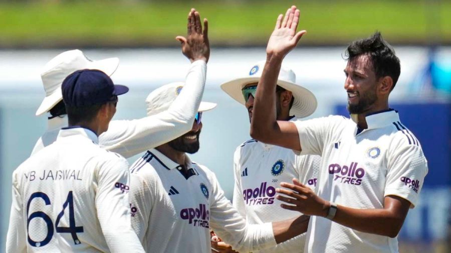 Galle: India's Prasidh Krishna, right, with teammates celebrates after taking a wicket of Sri Lanka's Niroshan Dickwella on day five of the first Test cricket match between India and Sri Lanka, in Galle, Sri Lanka, Wednesday, Aug. 19, 2026. (PTI Photo/Shailendra Bhojak)(PTI08_19_2026_000087B)