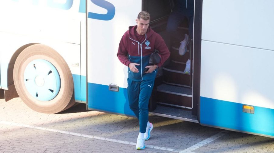 Cristiano Ronaldo arrives for a training session at Parken stadium in Copenhagen