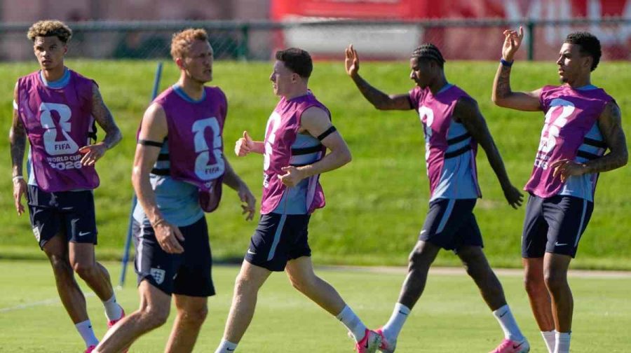 Members of the English national team practice for the World Cup soccer tournament in Kansas City, Mo., Saturday, June 13, 2026. (AP Photo/Charlie Riedel)