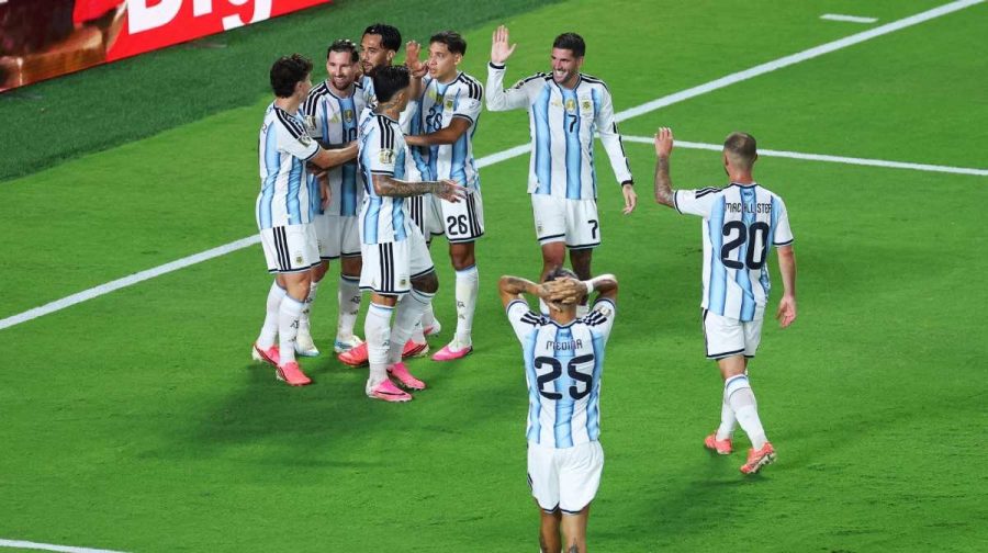 Soccer Football - FIFA World Cup 2026 - Group J - Argentina v Algeria - Kansas City Stadium, Kansas City, Missouri, U.S. - June 16, 2026
Argentina's Lionel Messi celebrates scoring their third goal to complete his hat-trick with teammates REUTERS/Siphiwe Sibeko