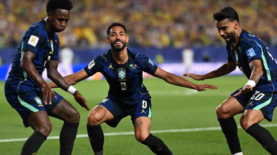 Brazil's forward #09 Matheus Cunha celebrates scoring his team's second goal during the 2026 World Cup Group C football match between Brazil and Haiti at the Philadelphia Stadium in Philadelphia on June 19, 2026.  (Photo by Mauro PIMENTEL / AFP)