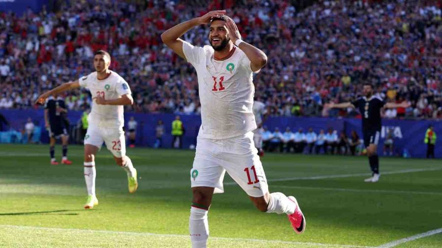 FOXBOROUGH, MASSACHUSETTS - JUNE 19: Ismael Saibari #11 of Morocco celebrates after scoring his team's first goal during the FIFA World Cup 2026 Group C match between Scotland and Morocco at Boston Stadium on June 19, 2026 in Foxborough, Massachusetts.   Justin Setterfield/Getty Images/AFP (Photo by Justin Setterfield / GETTY IMAGES NORTH AMERICA / Getty Images via AFP)