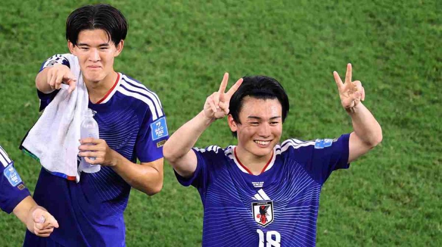 Soccer Football - FIFA World Cup 2026 - Group F - Tunisia v Japan - Estadio Monterrey, Monterrey, Mexico - June 21, 2026
Japan's Ayase Ueda and Keisuke Goto celebrate after the match REUTERS/Raquel Cunha