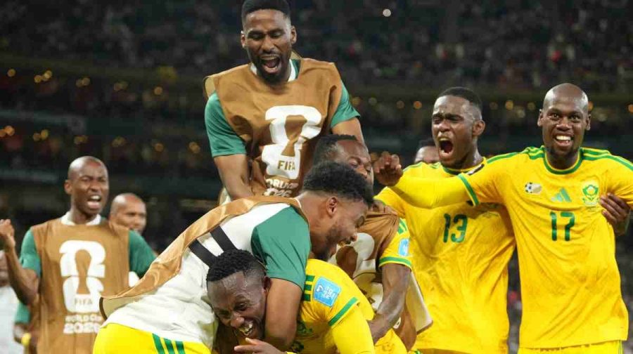 South Africa's Thapelo Maseko (12) celebrates after scoring his side's first goal during the World Cup Group A soccer match between South Africa and South Korea in Guadalupe, near Monterrey, Mexico, Wednesday, June 24, 2026. AP/PTI(AP06_25_2026_000025B)