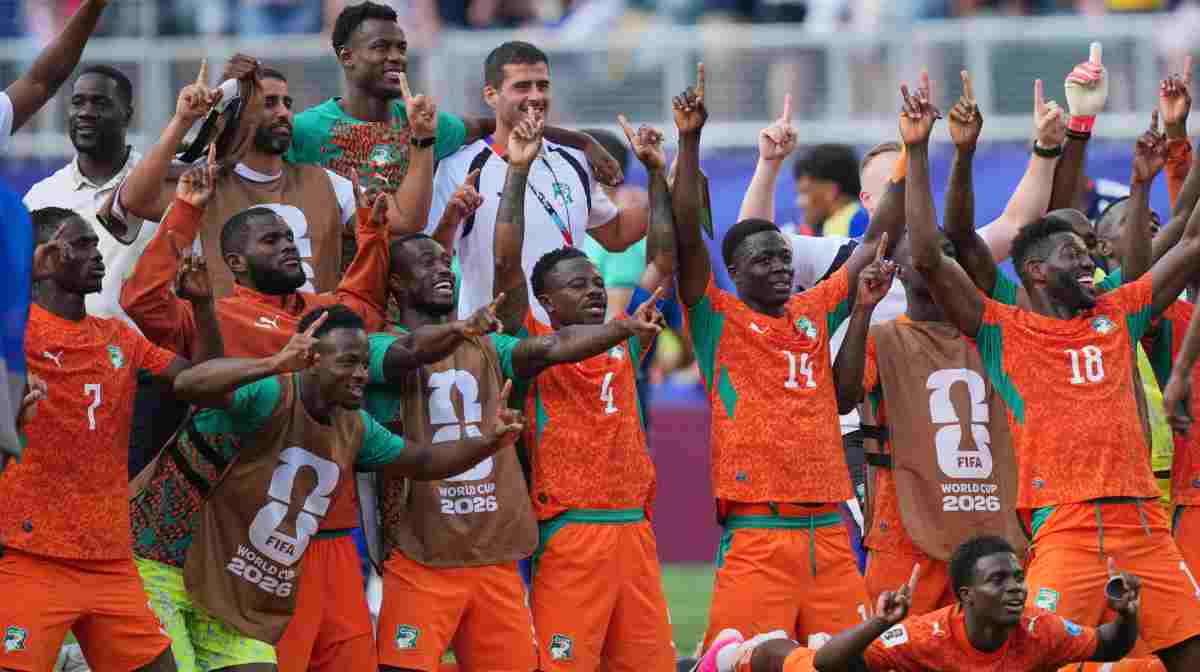 Ivory Coast players celebrate at the end of the World Cup Group E soccer match between Curacao and Ivory Coast in Philadelphia, Thursday, June 25, 2026. (AP Photo/Matt Rourke)