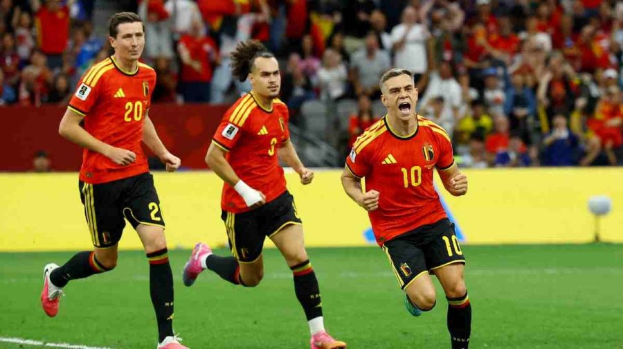 Soccer Football - FIFA World Cup 2026 - Group G - New Zealand v Belgium - BC Place, Vancouver, Canada - June 26, 2026
Belgium's Leandro Trossard celebrates scoring their first goal REUTERS/Albert Gea     TPX IMAGES OF THE DAY     