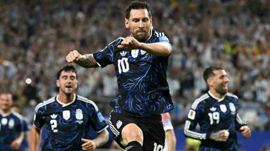 Argentina's forward #10 Lionel Messi celebrates scoring his team's third goal during the 2026 World Cup Group J football match between Jordan and Argentina at the Dallas Stadium in Arlington on June 27, 2026.  (Photo by Paul ELLIS / AFP)