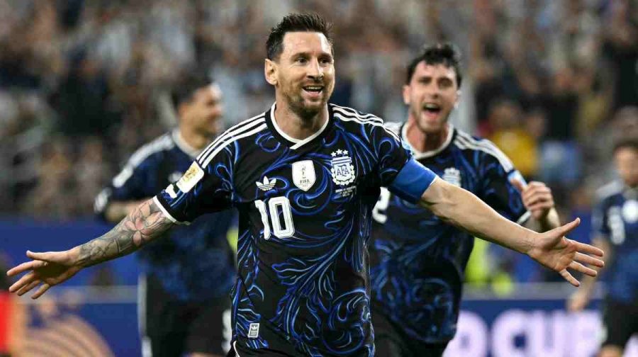 Argentina's forward #10 Lionel Messi celebrates scoring his team's third goal during the 2026 World Cup Group J football match between Jordan and Argentina at the Dallas Stadium in Arlington on June 27, 2026.  (Photo by Paul ELLIS / AFP)