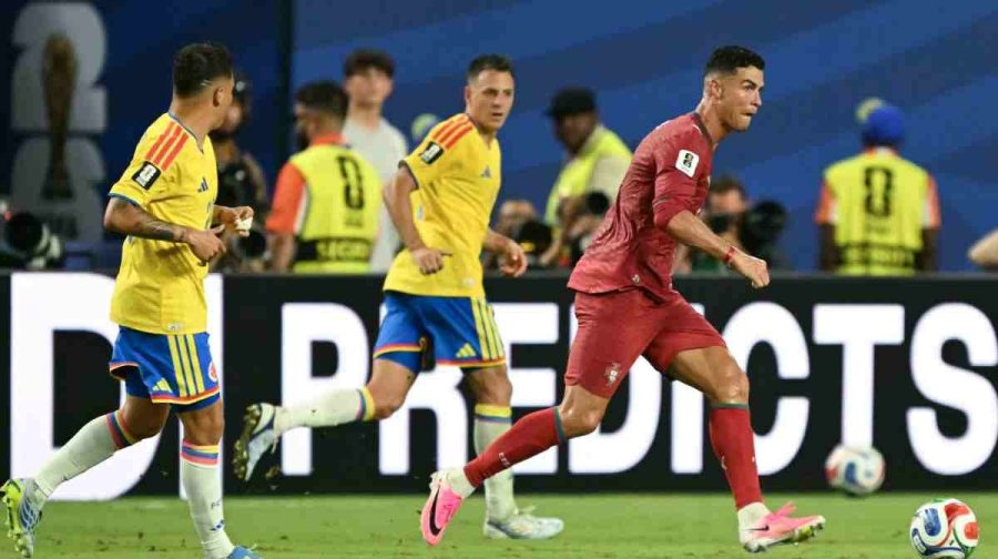 Portugal's forward #07 Cristiano Ronaldo kicks the ball during the 2026 World Cup Group K football match between Colombia and Portugal at the Miami Stadium in Miami Gardens on June 27, 2026.  (Photo by CHANDAN KHANNA / AFP)