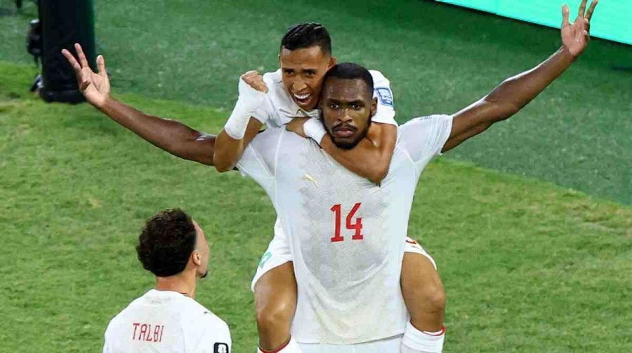 Soccer Football - FIFA World Cup 2026 - Round of 32 - Netherlands v Morocco - Estadio Monterrey, Monterrey, Mexico - June 29, 2026
Morocco's Issa Diop celebrates scoring their first goal with teammates REUTERS/Raquel Cunha