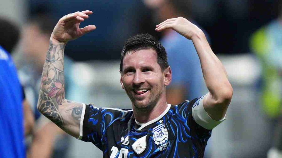 Argentina's Lionel Messi (10) reacts after their win in the World Cup semifinal soccer match between England and Argentina in Atlanta, Wednesday, July 15, 2026. (AP Photo/Jacob Kupferman)