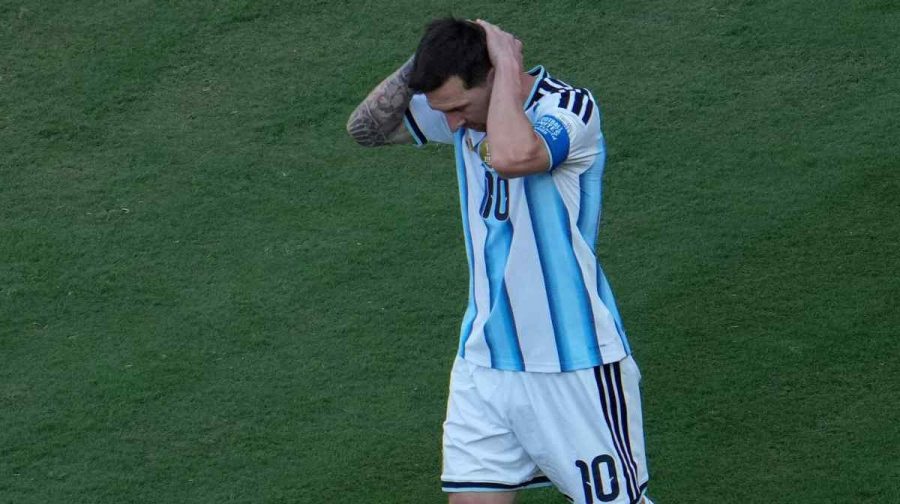Argentina's forward #10 Lionel Messi reacts during the 2026 World Cup football tournament final match between Spain and Argentina at the New York/New Jersey Stadium in East Rutherford on July 19, 2026.  (Photo by TIMOTHY A. CLARY / AFP)