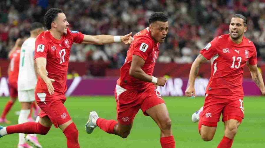 Switzerland's Dan Ndoye (11), center, celebrates with teammates after scoring his side's second goal during the World Cup round of 32 soccer match between Switzerland and Algeria in Vancouver, British Columbia, Thursday, July 2, 2026. AP/PTI(AP07_03_2026_000032A)