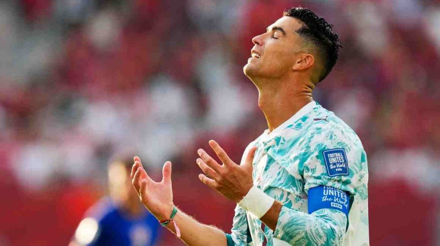 Portugal's Cristiano Ronaldo (7) reacts to a missed opportunity during the World Cup round of 32 soccer match between Portugal and Croatia in Toronto, Thursday, July 2, 2026. (Chris Young/The Canadian Press via AP)