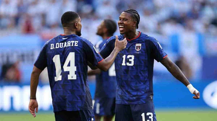 MIAMI GARDENS, FLORIDA - JULY 03: Deroy Duarte #14 of Cabo Verde celebrates with Sidny Lopes Cabral #13 after scoring the team's first goal during the FIFA World Cup 2026 Round of 32 match between Argentina and Cabo Verde at Miami Stadium on July 03, 2026 in Miami Gardens, Florida.   Michael Reaves/Getty Images/AFP (Photo by Michael Reaves / GETTY IMAGES NORTH AMERICA / Getty Images via AFP)