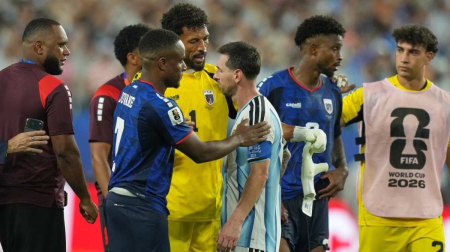 Cape Verde goalkeeper Vozinha (1), center, greets Argentina's Lionel Messi (10) after the World Cup round of 32 soccer match between Argentina and Cape Verde in Miami Gardens, Fla., Friday, July 3, 2026. (AP Photo/Lynne Sladky)