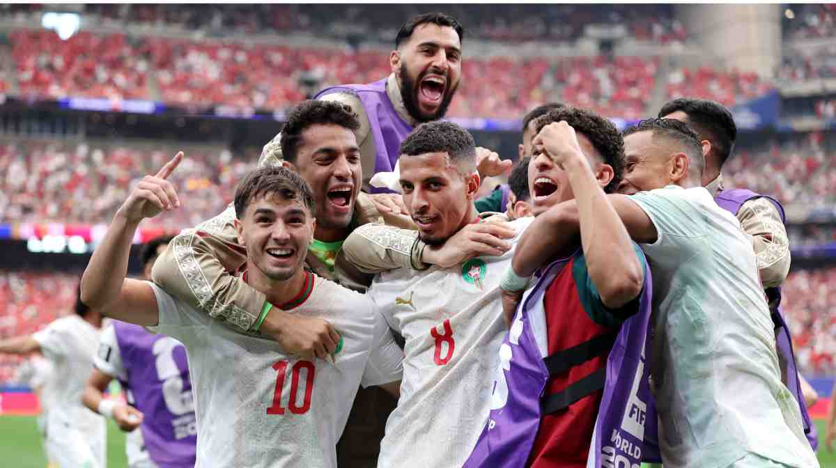 HOUSTON, TEXAS - JULY 04: Azzedine Ounahi #8 of Morocco celebrates with teammates after scoring his team's second goal during the FIFA World Cup 2026 Round of 16 match between Canada and Morocco at Houston Stadium on July 04, 2026 in Houston, Texas.   Kevin C. Cox/Getty Images/AFP (Photo by Kevin C. Cox / GETTY IMAGES NORTH AMERICA / Getty Images via AFP)