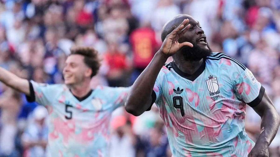 Belgium's Romelu Lukaku (9) celebrates after scoring his team's fourth goal during the World Cup round of 16 soccer match between the United States and Belgium in Seattle, Monday, July 6, 2026. (AP Photo/Lindsey Wasson)
