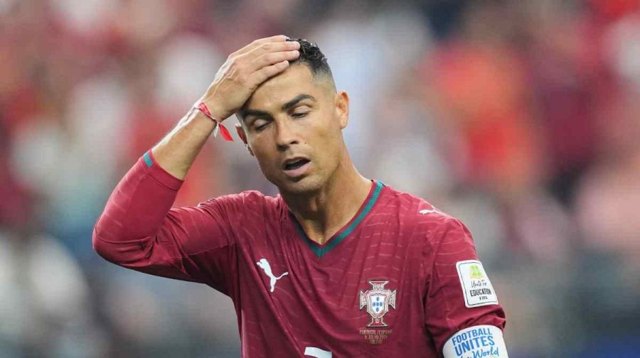 Portugal's Cristiano Ronaldo (7) reacts during the World Cup round of 16 soccer match between Portugal and Spain in Arlington, Texas, near Dallas, Monday, July 6, 2026. (AP Photo/Julio Cortez)