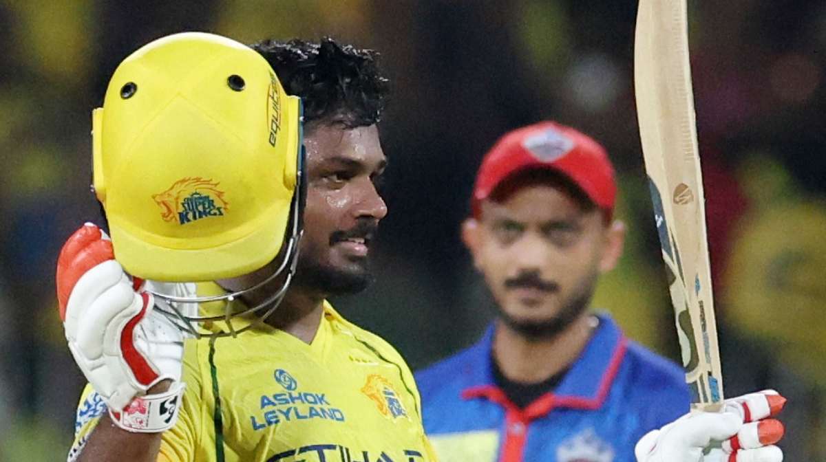 Cricket - Indian Premier League - IPL - Chennai Super Kings v Delhi Capitals - MA Chidambaram Stadium, Chennai, India - April 11, 2026
Chennai Super Kings' Sanju Samson celebrates after reaching his century REUTERS/Priyanshu Singh