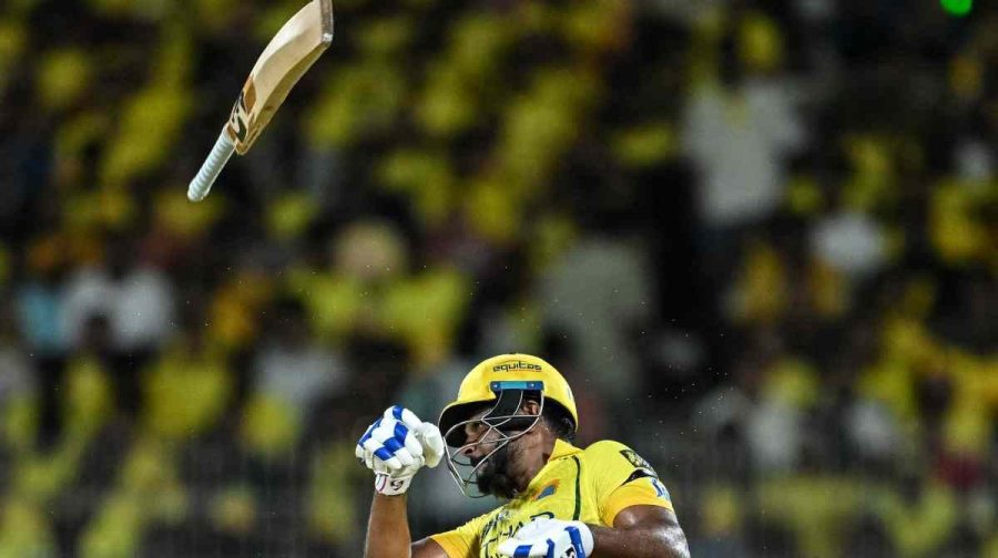 Chennai Super Kings' Indian cricket player Sanju Samson loses his bat while playing a shot during the 2026 Indian Premier League (IPL) T20 match between Chennai Super Kings and Kolkata Knight Riders at the MA Chidambaram Stadium in Chennai on April 14, 2026. (Photo by R. Satish BABU / AFP) / -- IMAGE RESTRICTED TO EDITORIAL USE - STRICTLY NO COMMERCIAL USE --