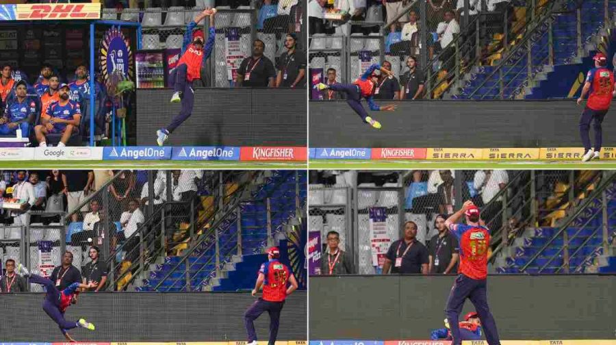 **EDS: COMBO IMAGE** Mumbai: In this combo image, Punjab Kings' captain Shreyas Iyer attempts a catch of Mumbai Indians' captain Hardik Pandya and passes it to Punjab Kings' Xavier Bartlett, 15, during the Indian Premier League (IPL) 2026 T20 cricket match between Mumbai Indians and Punjab Kings, at Wankhede Stadium in Mumbai, Thursday, April 16, 2026. (PTI Photo/Kunal Patil)(PTI04_16_2026_000646B)
